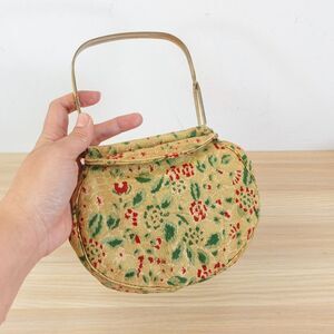 1960s Vintage Evening Purse Mini Honey Beige Tapestry Floral Brocade Frame Pouch